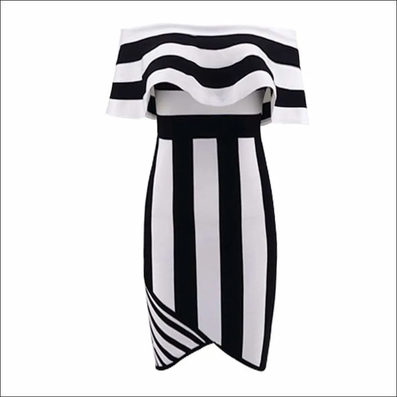 Winnal Women Black And White Stripe Off Shoulder Ruffles Bodycon Midi Dress