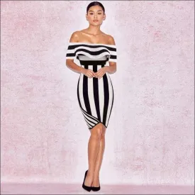 Winnal Women Black And White Stripe Off Shoulder Ruffles Bodycon Midi Dress