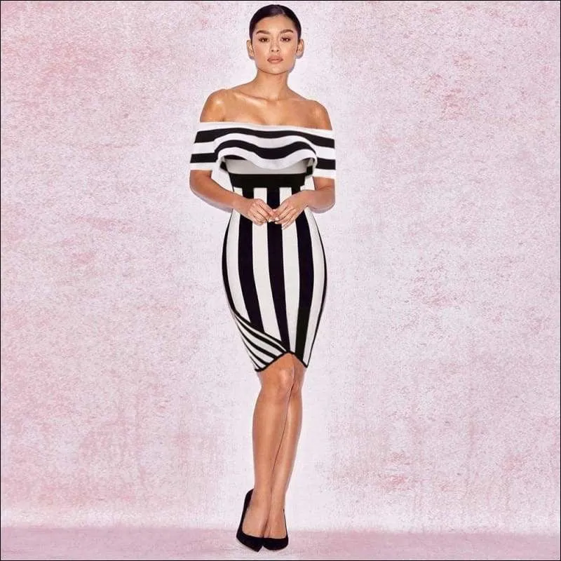 Winnal Women Black And White Stripe Off Shoulder Ruffles Bodycon Midi Dress