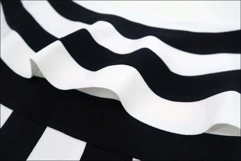 Winnal Women Black And White Stripe Off Shoulder Ruffles Bodycon Midi Dress