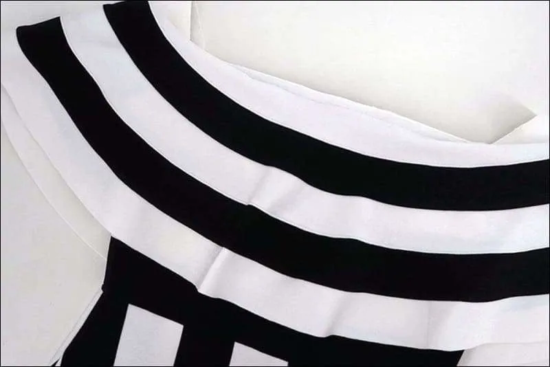 Winnal Women Black And White Stripe Off Shoulder Ruffles Bodycon Midi Dress
