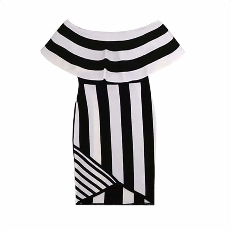 Winnal Women Black And White Stripe Off Shoulder Ruffles Bodycon Midi Dress