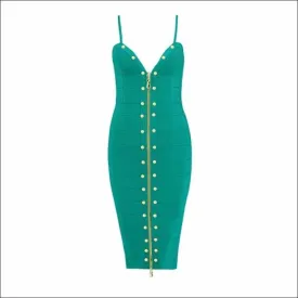 Winnal Women's Off Shoulder High Waist Sleeveless Studded Front-Zip Bandage Sling Dress