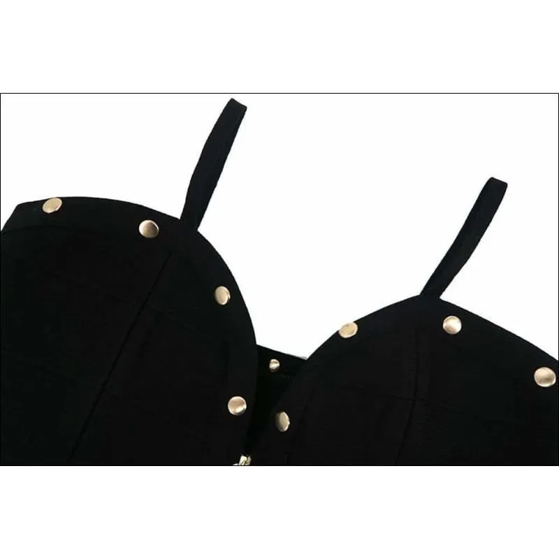 Winnal Women's Off Shoulder High Waist Sleeveless Studded Front-Zip Bandage Sling Dress