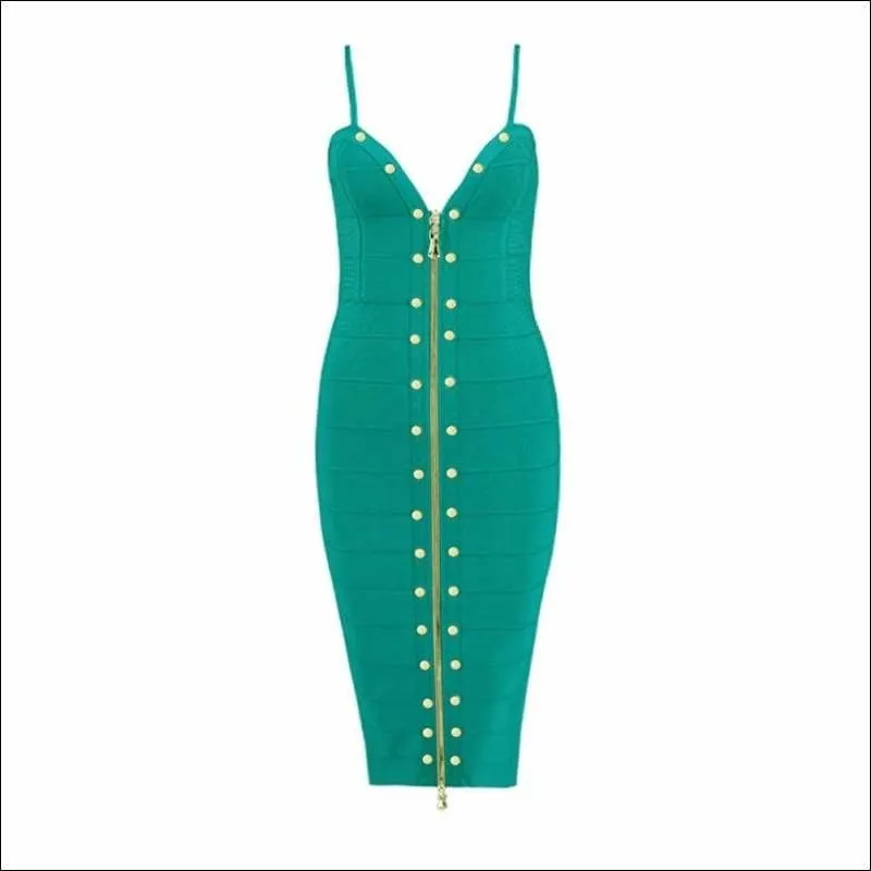 Winnal Women's Off Shoulder High Waist Sleeveless Studded Front-Zip Bandage Sling Dress
