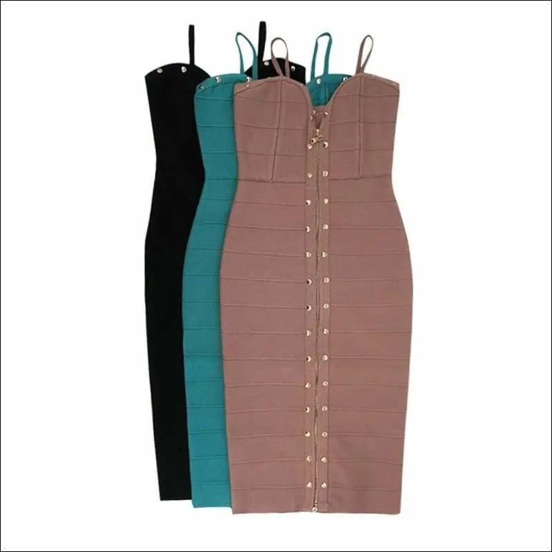 Winnal Women's Off Shoulder High Waist Sleeveless Studded Front-Zip Bandage Sling Dress