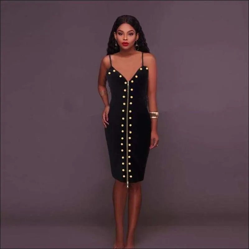 Winnal Women's Off Shoulder High Waist Sleeveless Studded Front-Zip Bandage Sling Dress