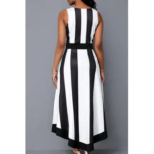 Women Amazing Striped Pattern Round Neck Long Length Sleeveless Dress - WDC60185