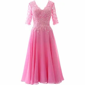 Women Midi Mother Bride Dresses 3/4 Sleeves V Neck Wedding Guest Tea Length Bridesmaid Dress