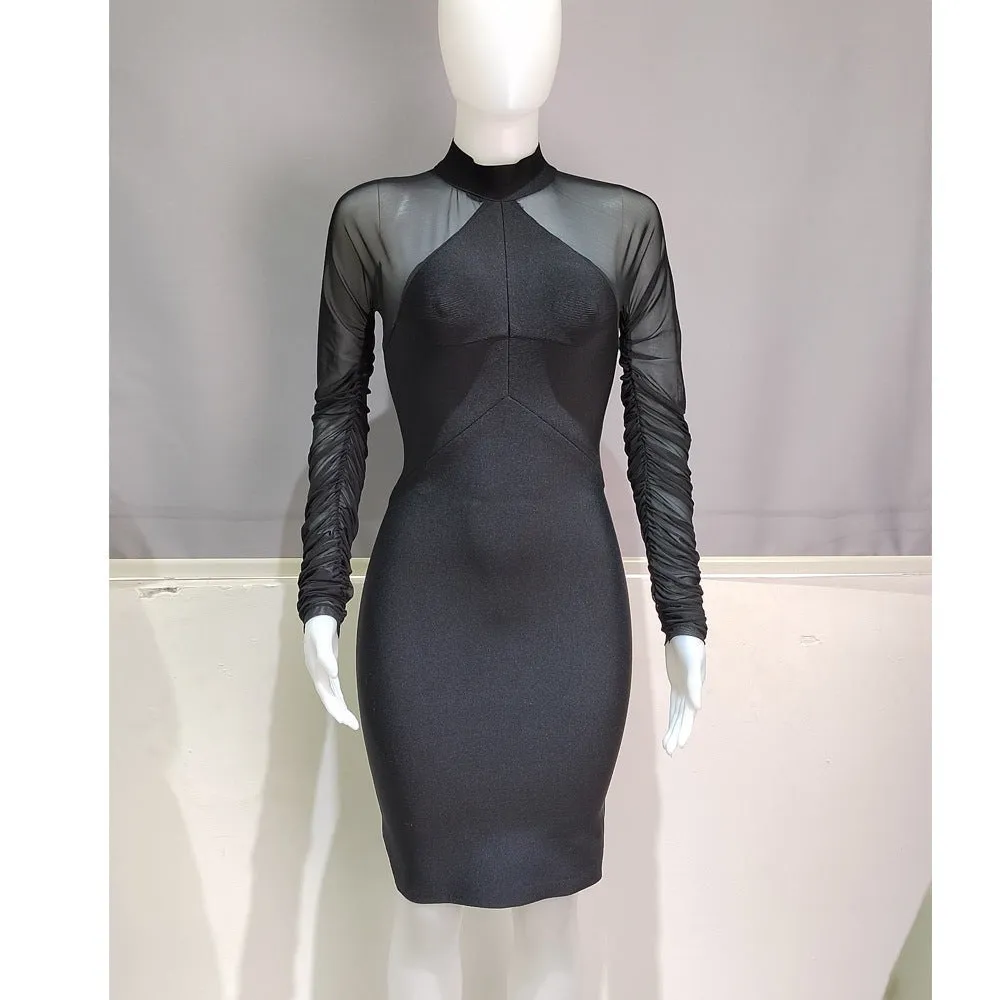 Women See Through Ruched Mesh Bodycon Dress Long Sleeve Back Zip Bodysuit