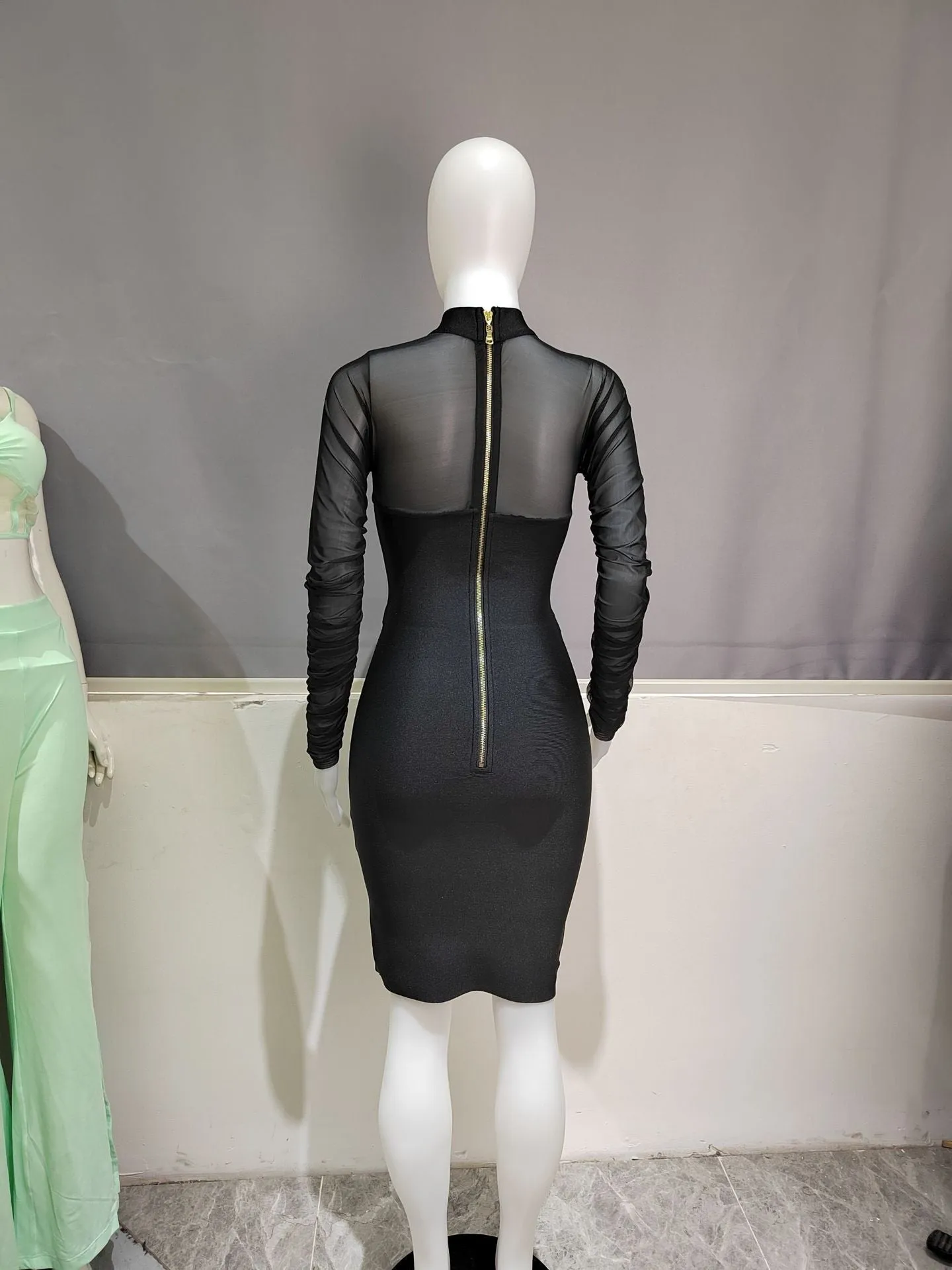 Women See Through Ruched Mesh Bodycon Dress Long Sleeve Back Zip Bodysuit