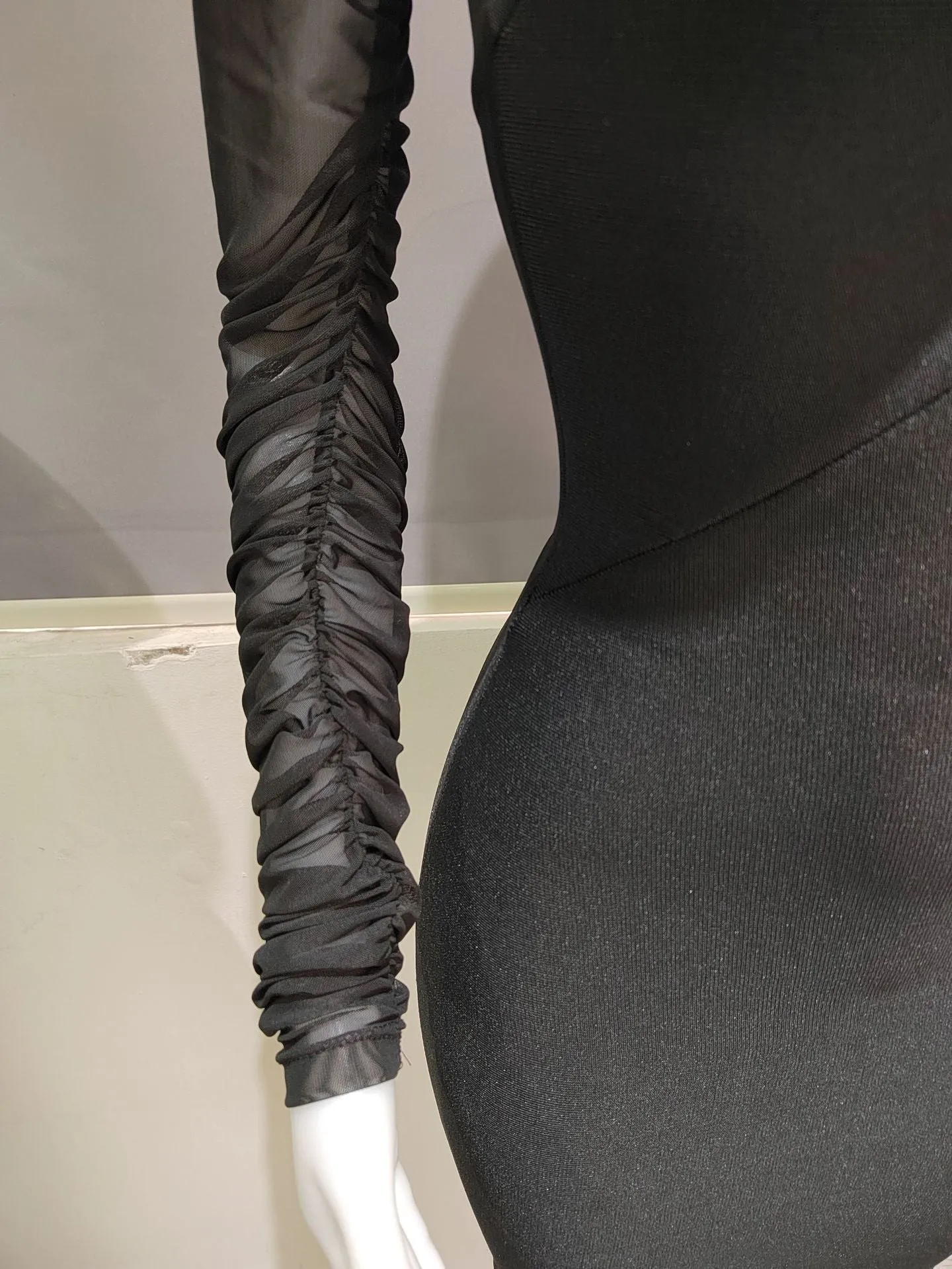 Women See Through Ruched Mesh Bodycon Dress Long Sleeve Back Zip Bodysuit