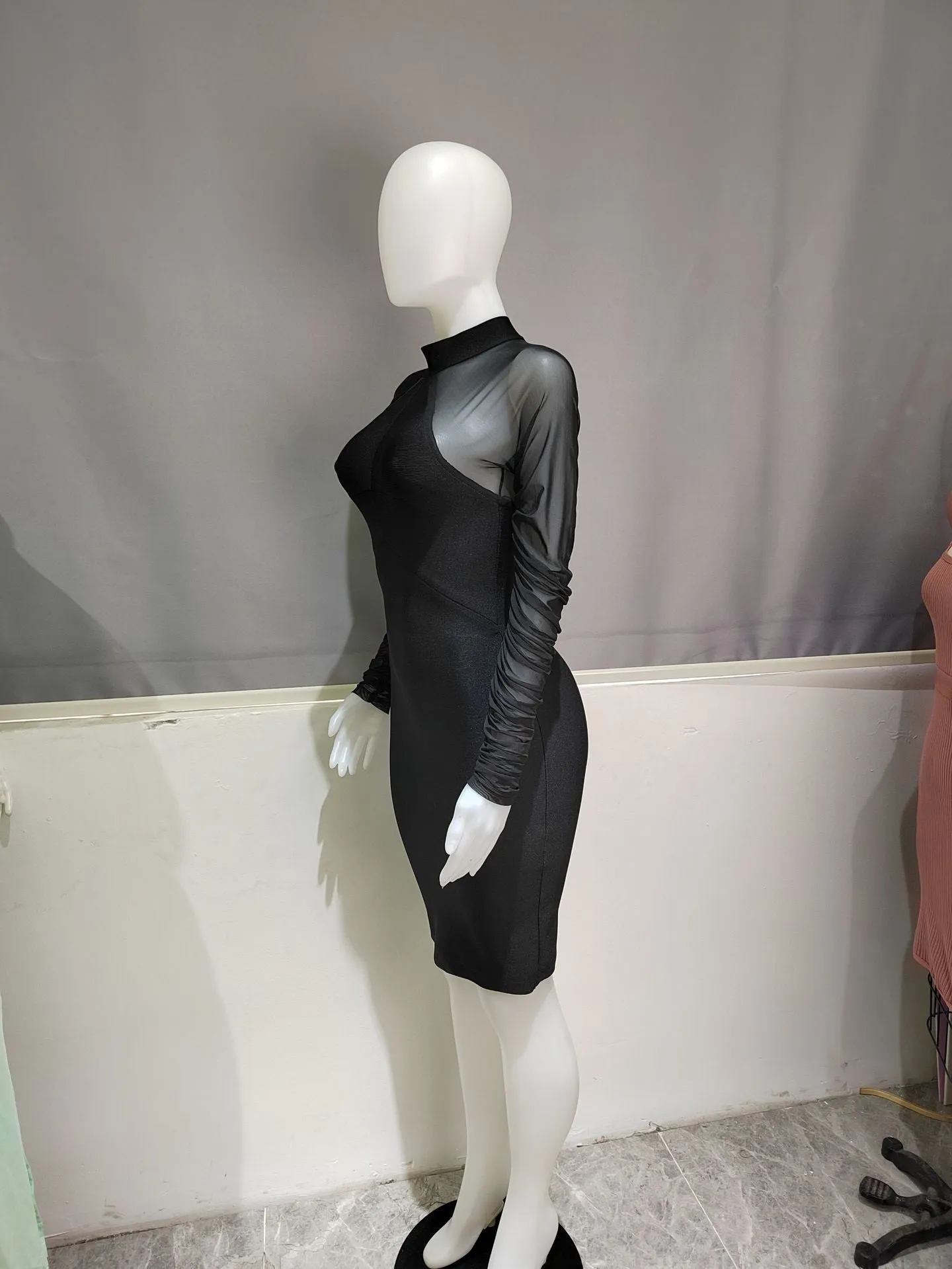 Women See Through Ruched Mesh Bodycon Dress Long Sleeve Back Zip Bodysuit