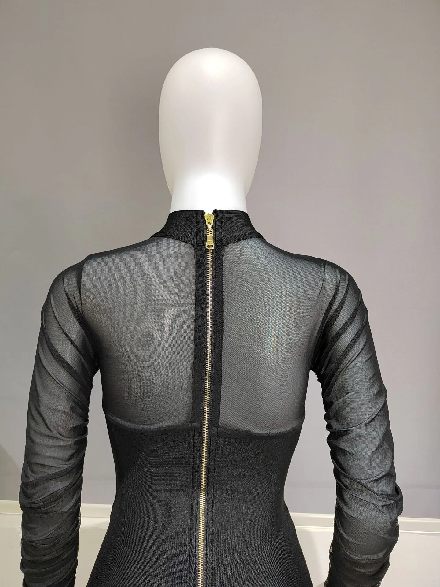 Women See Through Ruched Mesh Bodycon Dress Long Sleeve Back Zip Bodysuit