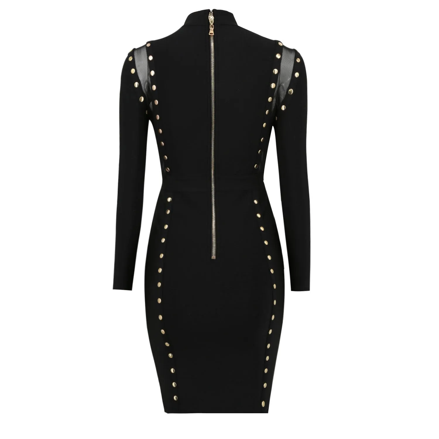 Women Silver Studded Hollow Out Transparent Mesh Bodycon Sexy Short Dress Long Sleeve Back Zip Bodysuit