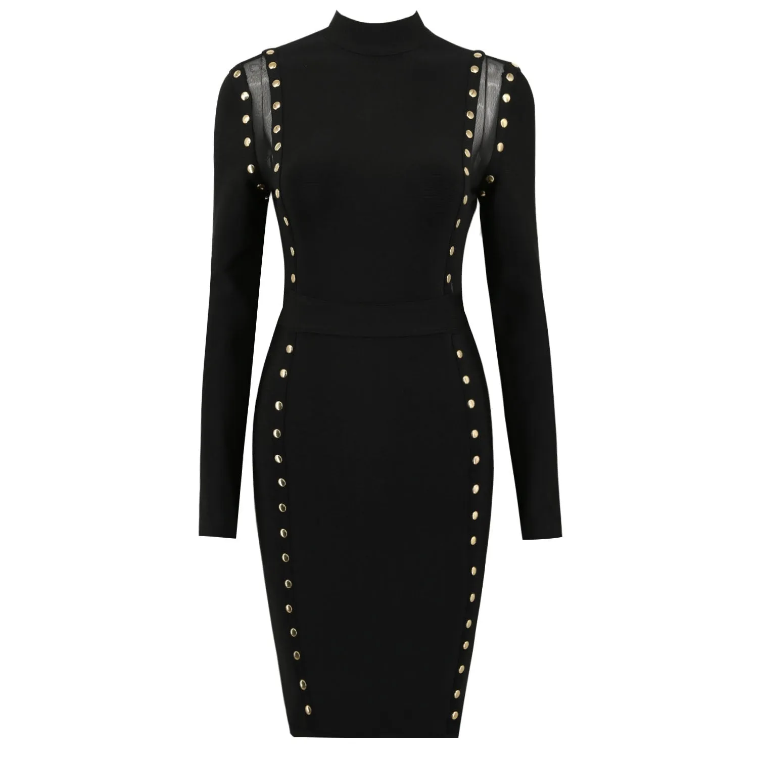 Women Silver Studded Hollow Out Transparent Mesh Bodycon Sexy Short Dress Long Sleeve Back Zip Bodysuit